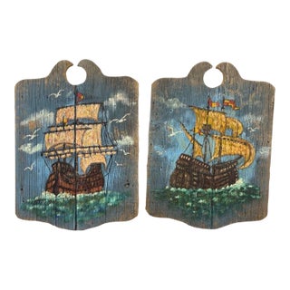 Vintage Rustic Sailing Ship Wood Relief Wall Panels, Pair For Sale