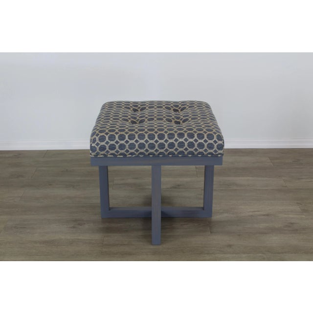 Elegant Pair of Custom Made wood benches with beautiful blue brocade cushion tops. In great condition. Dimensions;...