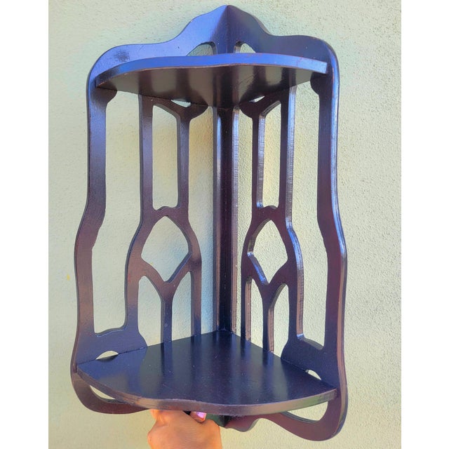 1970s Vintage Dark Fretwork Wood Corner Display Shelves Set of 3 For Sale - Image 5 of 11