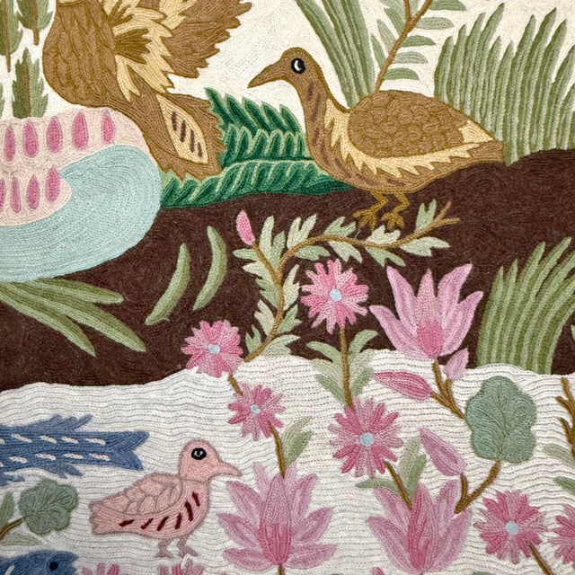 Vintage Folk Art Crewel Embroidery Wall Hanging Landscape With Birds For Sale - Image 4 of 7