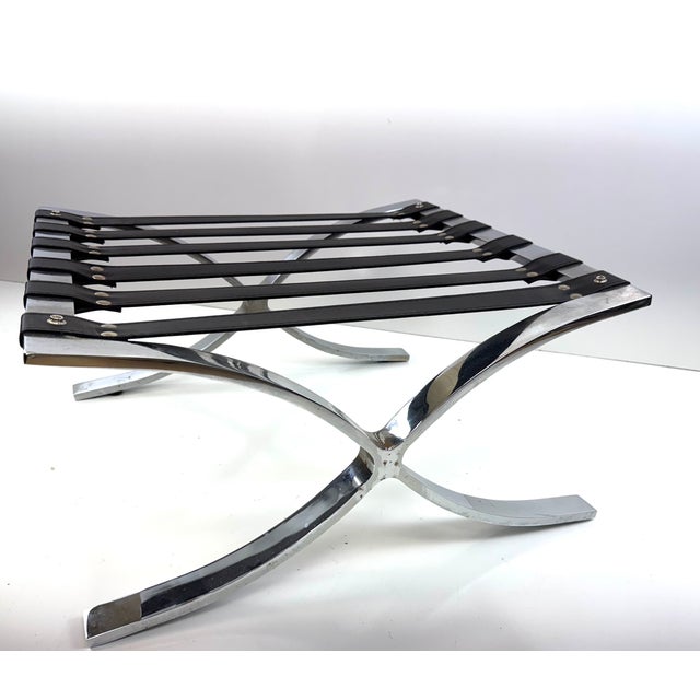 Vintage Barcelona Style Ottoman in the Manner of Mies Van Der Rohe – Black Leather & Chrome For Sale - Image 9 of 10