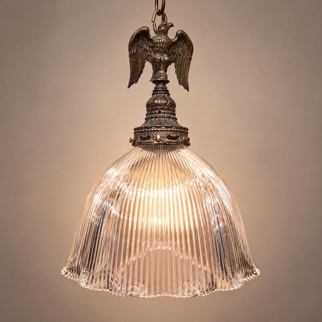 Vintage Eagle Pendant Light, Ribbed Glass Shade, Upcycled Fixture For Sale - Image 14 of 16