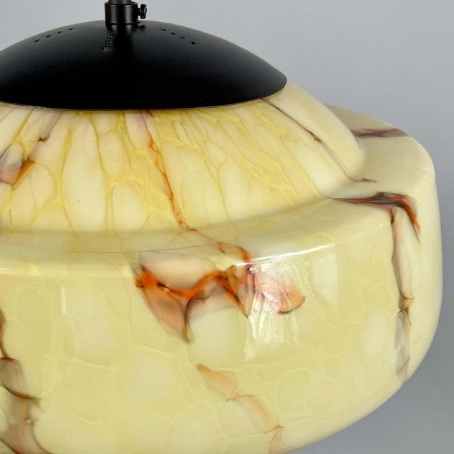 Art Deco Cream Marbled Opaline and Burnished Metal Tassel Pendant Light, 1930 For Sale - Image 10 of 18