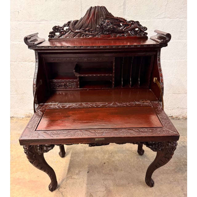 Early 20th Century Heavily Carved Japanese/Asian Secretary Desk With Volcanos and Dragons For Sale In New York - Image 6 of 15