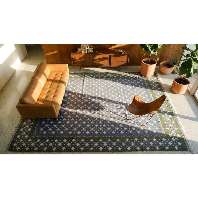 Strikingly Graphic Geometric Design Dhurrie Style Antique Indian Cotton Rug For Sale - Image 14 of 15