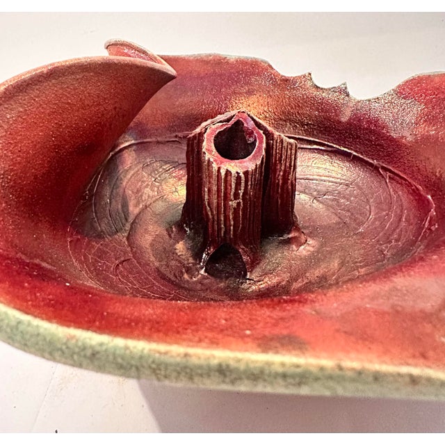 Contemporary Signed Raku Ceramic Flower Arrangement Bowl With Frog-Style Center For Sale - Image 3 of 11
