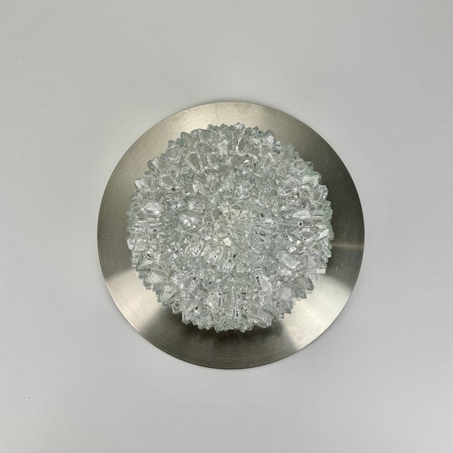 Silver Mid-Century Modern Clear Crystal Glass and Brushed Steel Flush Mount, 1970s For Sale - Image 8 of 10