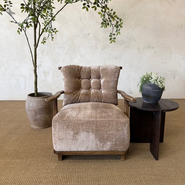 Leona Velvet Lounge Chair With Tufted Back, Curved Wood Arms For Sale - Image 10 of 10