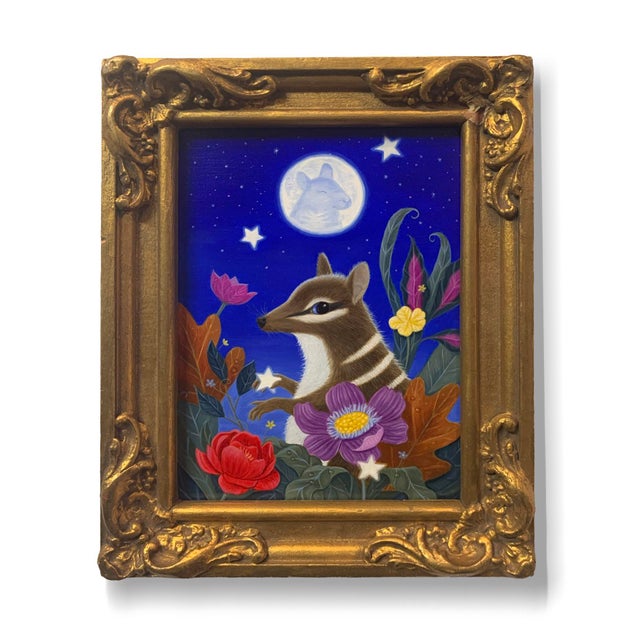 Peanut Meets the Mouse in the Moon depicts a whimsical scene featuring a charming animal, surrounded by vibrant foliage...