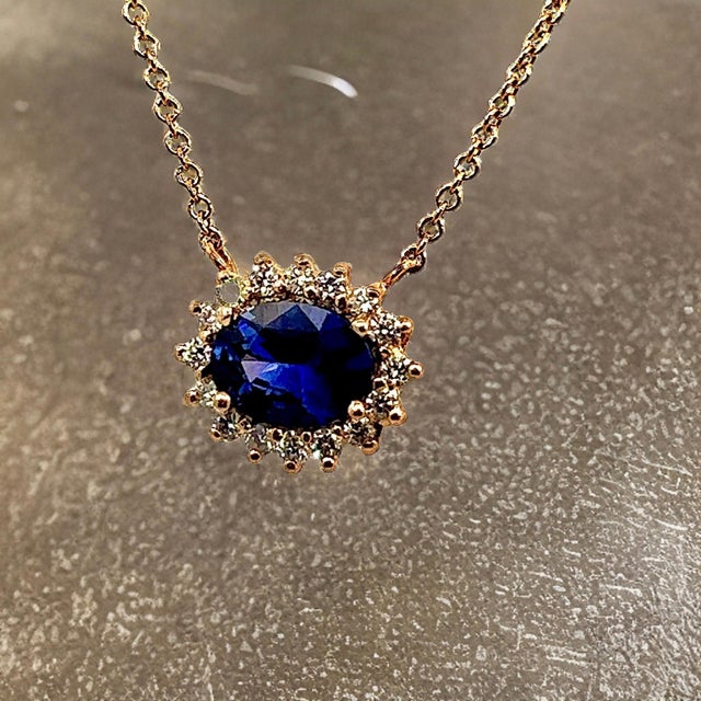 Natural Sapphire Diamond Halo Pendant With Chain 18" 14k YG 1.67 TCW Certified For Sale - Image 13 of 15