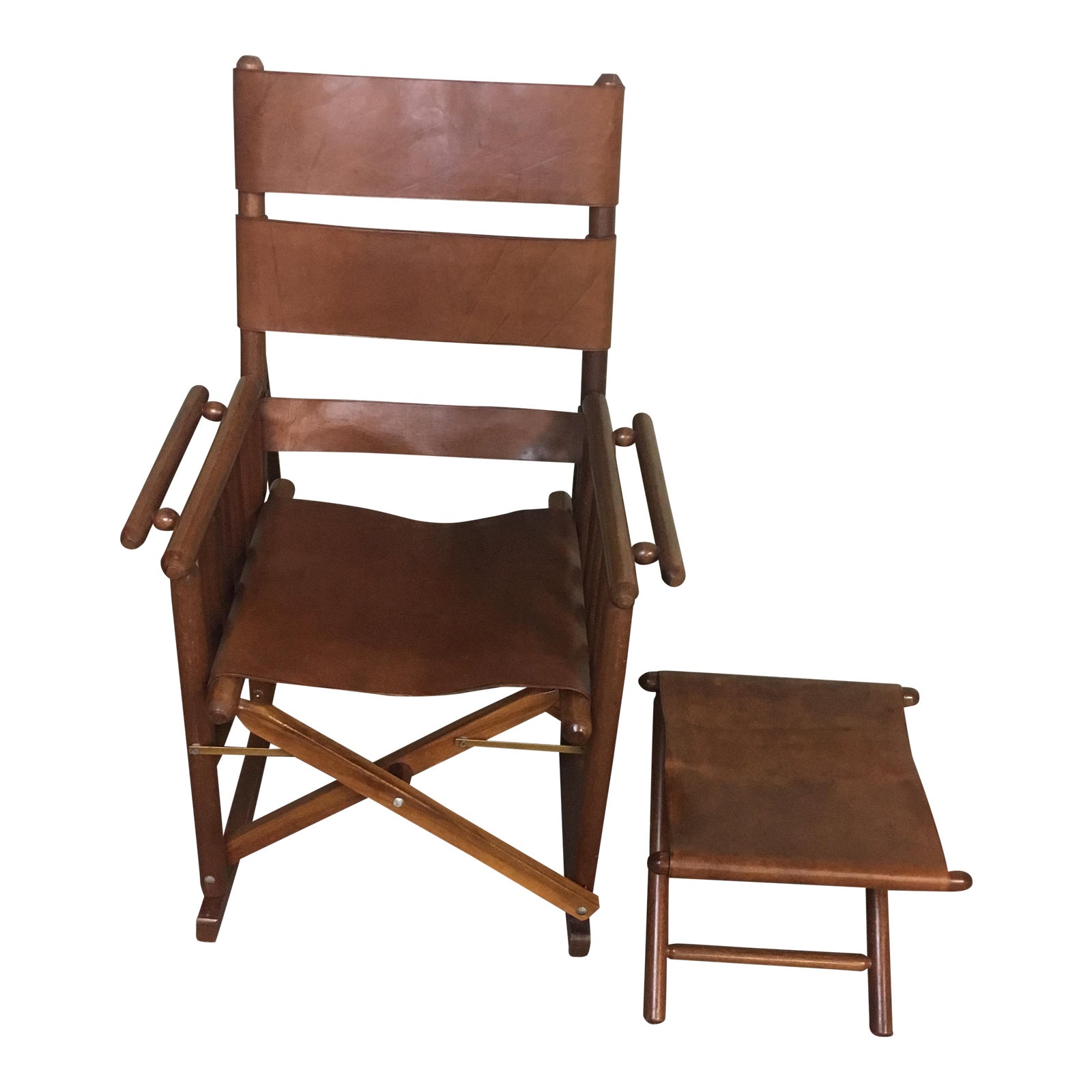 Costa Rican Leather Campaign Folding Rocking Chair & Ottoman A Pair
