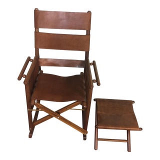 Costa Rican Leather Campaign Folding Rocking Chair & Ottoman - A Pair For Sale