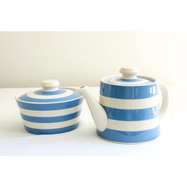 Ceramic Handmade in England Striped Stonware Cornishware Teapot/Butter Dish For Sale - Image 7 of 9