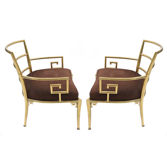 Mastercraft Vintage Mastercraft Greek Key Brass, Upholstered Side Chairs, 1960's, Pair Of For Sale - Image 4 of 10