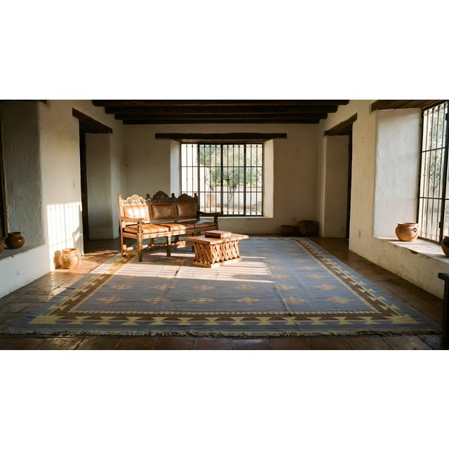 1930s Blue Gray Diamond Antique Indian Cotton Dhurrie Carpet Flatweave Large Rug For Sale - Image 17 of 17