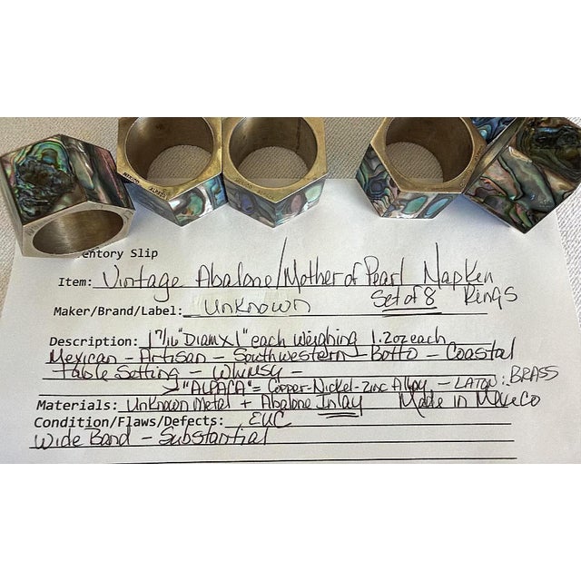 Mexican Vintage Mexican Alpaca Abalone Inlay Napkin Rings Set of 8 For Sale - Image 3 of 10