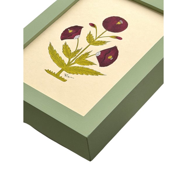 Contemporary Original Hand-Painted Deep Burgundy and Green Motif Painting in a Hand-Painted Frame For Sale - Image 3 of 3