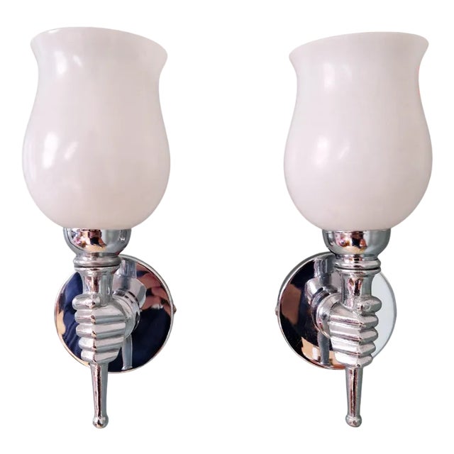 Wall Lights in Chromed Metal and White Satin Glass, 1960, Set of 2 For Sale