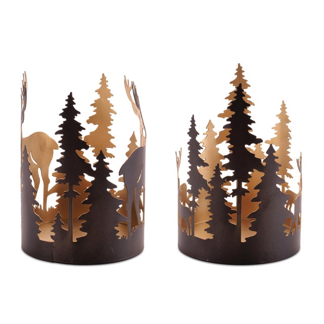 2020s Cut Metal Deer and Forest Candle Holder (Set of 2) For Sale - Image 5 of 5