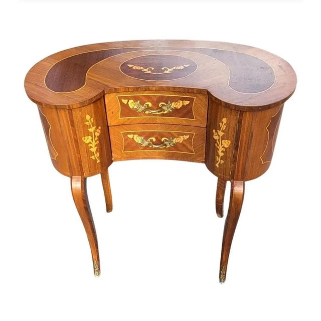 A gorgeous 1940s French Two-Drawer Continental Marquetry Mahogany Kidney Dressing Table in great vintage condition....