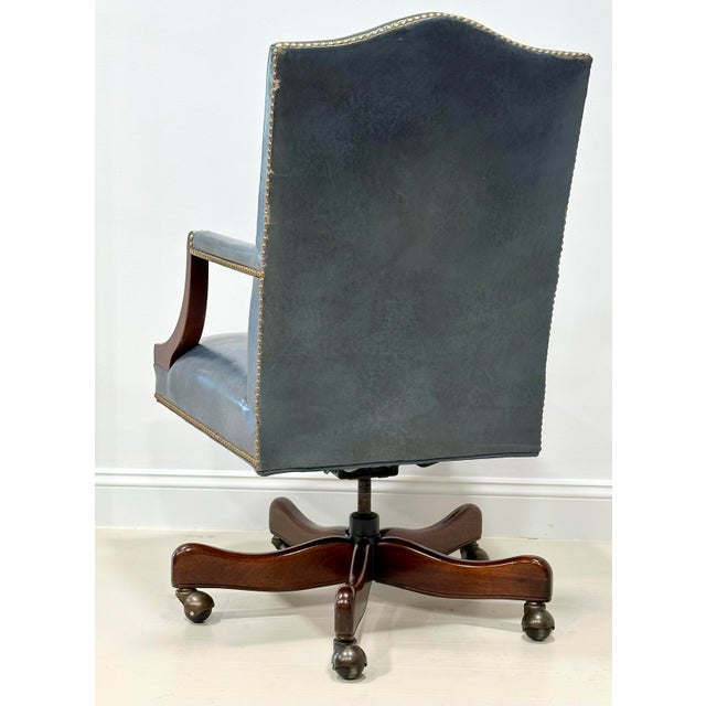 Traditional Hancock & Moore Blue Leather Swivel Desk Chair With Nailhead Trim For Sale - Image 3 of 11