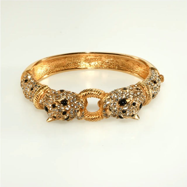Ciner Vintage Ciner Hinged Bangle Bracelet Leopard Rhinestones Gold-Plated For Sale - Image 4 of 6