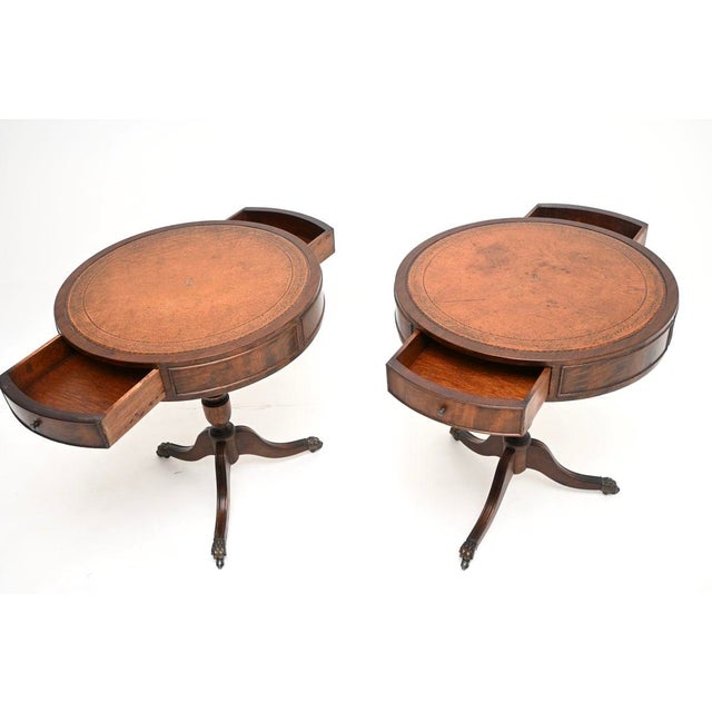 Regency Leather Top Drum Tables, 1950s, Set of 2 For Sale - Image 4 of 11