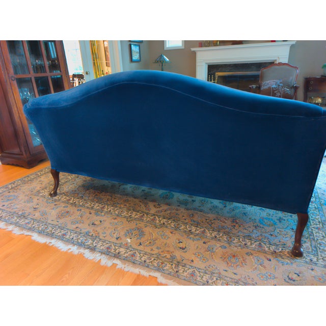 Chippendale Restored Vintage Chippendale Style Camelback Sofa in Blue Velvet For Sale - Image 3 of 18