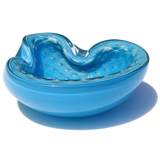 Mid-Century Modern Murano Barbini Vintage Sky Blue Gold Flecks Control Bubbles Vintage Italian Art Glass Bowl Ashtray For Sale - Image 3 of 7
