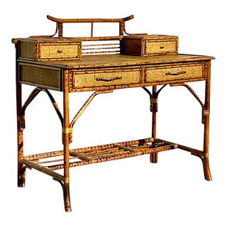 Vintage Coastal Burnt Bamboo Writing Desk For Sale