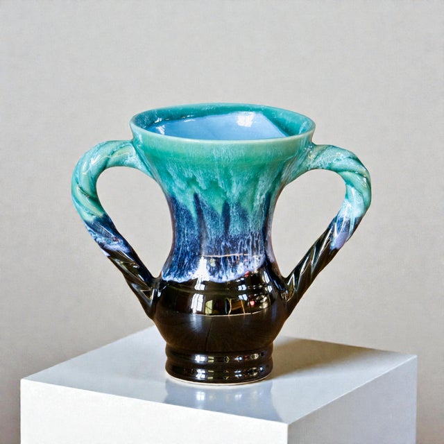 Vintage French Amphora-Shaped Vase in Turquoise Flamed Glazed Stoneware from Vallauris, 1950 For Sale - Image 9 of 9