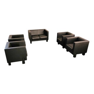 Moji Armchairs and 2-Seater Sofa in Black Leather by Shigeru Uchida for Poltrona Frau, Set of 5 For Sale