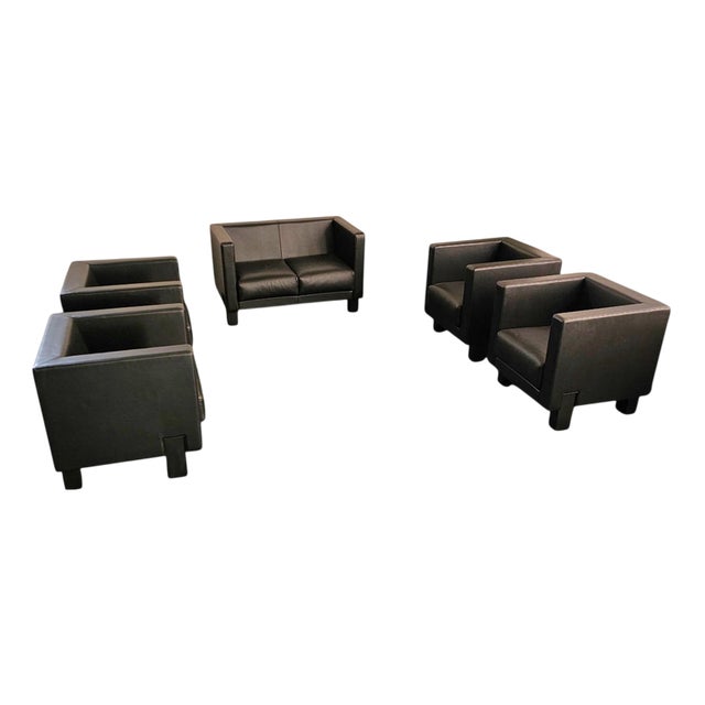 Moji Armchairs and 2-Seater Sofa in Black Leather by Shigeru Uchida for Poltrona Frau, Set of 5 For Sale