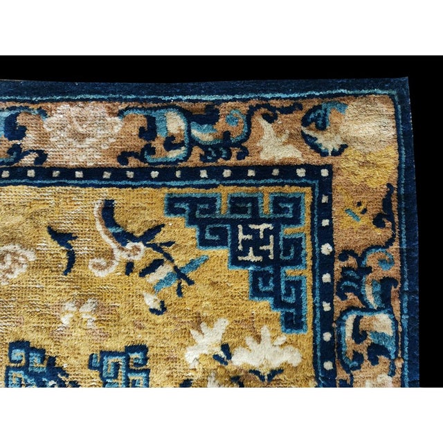 Chinese Antique Square Mid 19th Century Wool Pile Chinese Ningxia Yellow Scatter Rug For Sale - Image 3 of 8