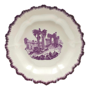 Antique 18th Century Wedgwood Puce Creamware Plate Decorated With Feather Edge and Classical Ruins.