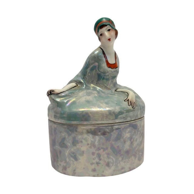 1930’s Noritake Lusterware Art Deco Lady Powder Box Vanity Dresser Jar (A-17). This beautiful art deco lusterware powder...