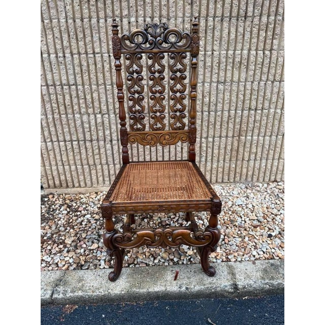 Antique Early 20th Century Heavily Carved Walnut Charles Ii Style Cane Seat Side Chair For Sale - Image 12 of 12