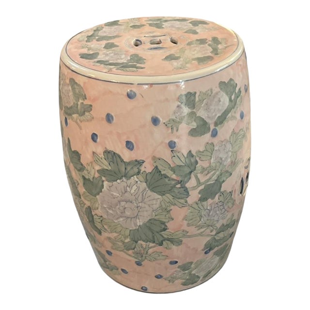 1990s Pink & Green Floral Hand-Painted Ceramic Garden Stool/Side Table For Sale