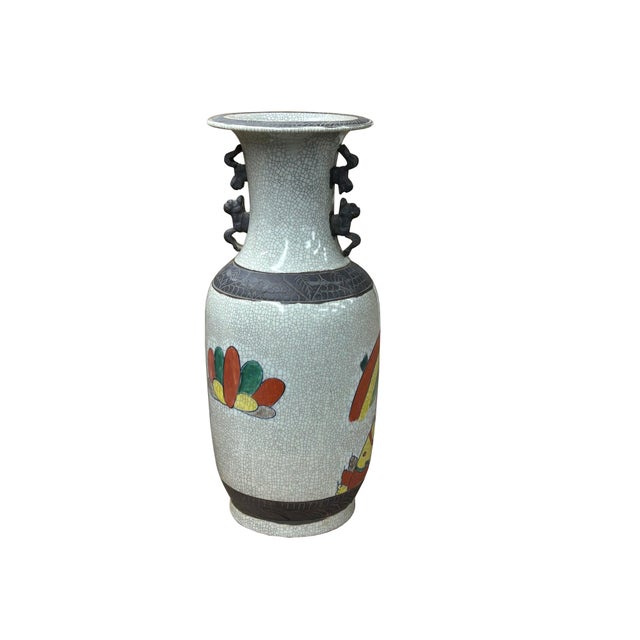 Ceramic Orient Crackle Gray Warrior Graphic Artistic Pottery Ceramic Vase For Sale - Image 7 of 17