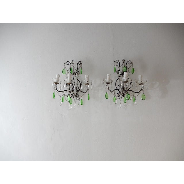 1920s Italian Rococo Green Crystal Prisms 3 Light Sconces - a Pair For Sale - Image 10 of 11