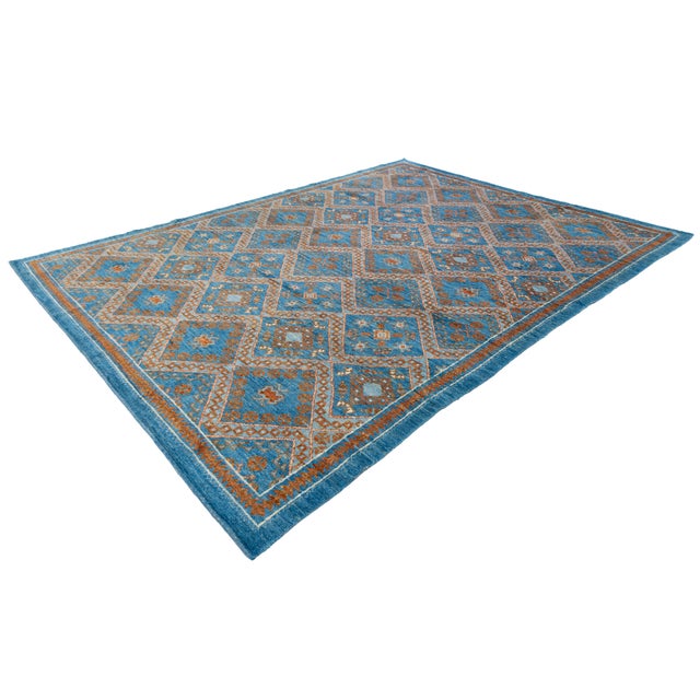 Modern Moroccan Style Hand-Knotted Wool Area Rug in Sky Blue and Terracotta For Sale - Image 11 of 12