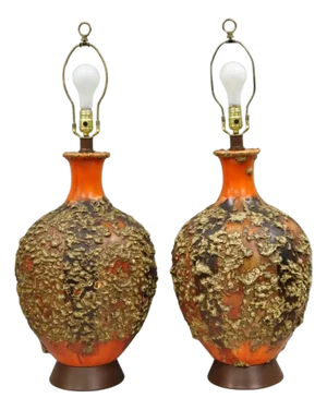 Vintage Mid Century Modern Orange Drip Lava Glaze Large Pottery Table Lamp Pair