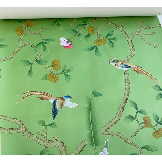 Hand Painted Green Chinoiserie Floral & Bird Mural Panels (5-Piece Set) For Sale - Image 4 of 6