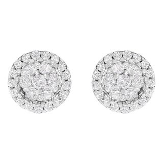 14K White Gold 1/2 Cttw Brilliant-Cut Diamond Halo-Style Cluster Round Button Stud Earrings (H-I Color, I1-I2 Clarity) For Sale