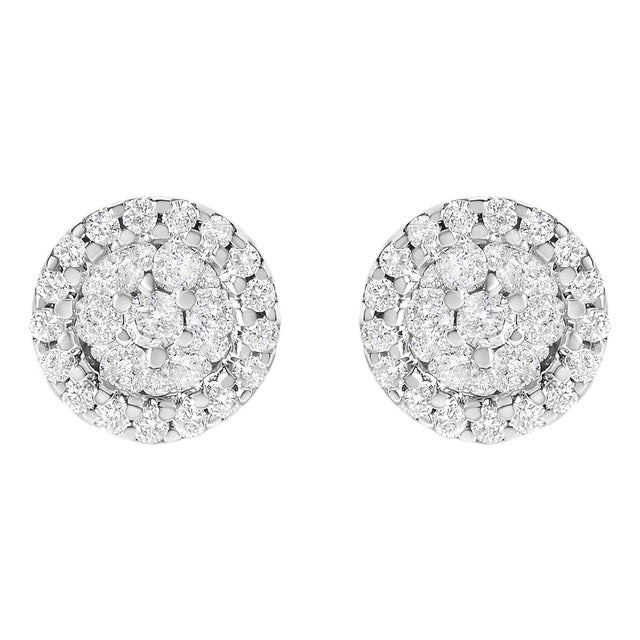 14K White Gold 1/2 Cttw Brilliant-Cut Diamond Halo-Style Cluster Round Button Stud Earrings (H-I Color, I1-I2 Clarity) For Sale