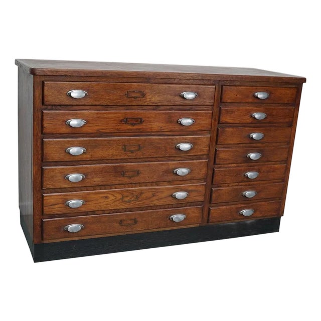 Vintage French Oak and Fabric Store Apothecary Cabinet, 1950s For Sale