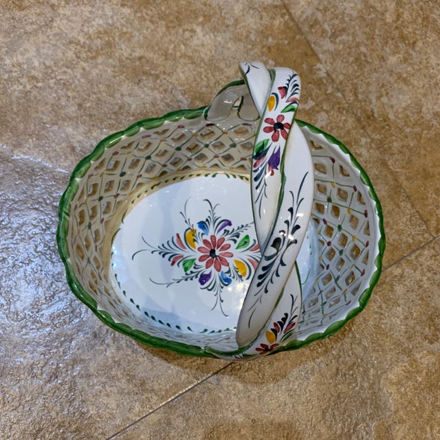 1970s Vintage Ceramic Braided Floral Painted Basket For Sale - Image 5 of 10