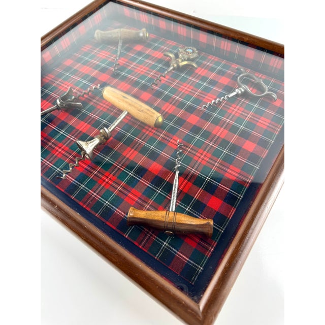 Rustic European Vintage Framed Antique Corkscrew Collection on Tartan, One-of-a-Kind Yesteryear Los Angeles LTD Display For Sale - Image 3 of 11