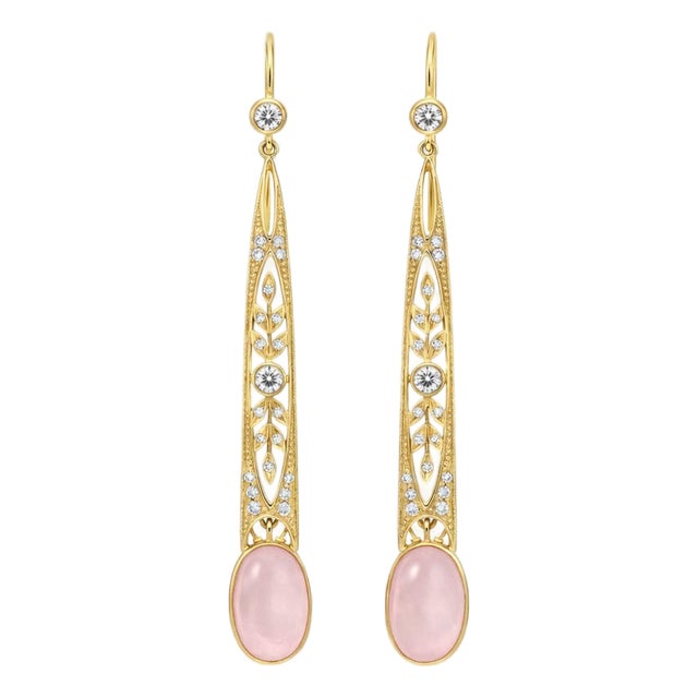 Art Nouveau Rose Quartz Drop Earrings Silver, Gold, A Pair For Sale