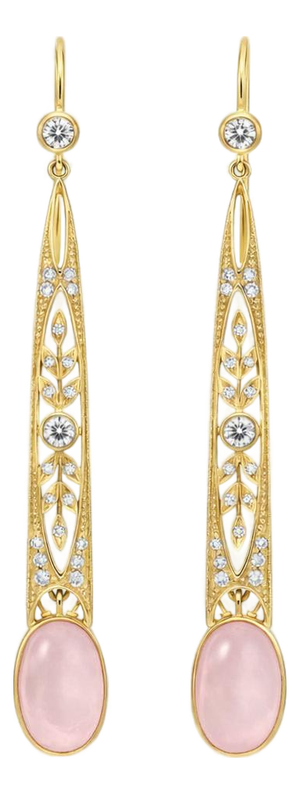 Art Nouveau Rose Quartz Drop Earrings Silver, Gold, A Pair
